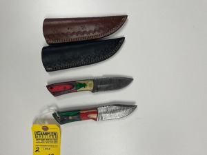 ASSORTED 3.5'' HUNTING & SKINNING KNIVES - CUSTOM HANDMADE DAMASCUS STEEL - PAKKA WOOD HANDLE - LAMINATED LEATHER SHEATH