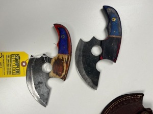 ASSORTED 5'' ULU KNIVES - CUSTOM HANDMADE DAMASCUS STEEL - PAKKA WOOD HANDLE - LAMINATED LEATHER SHEATH