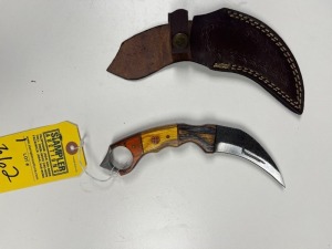 4'' KARAMBIT KNIFE - CUSTOM HANDMADE DAMASCUS STEEL - PAKKA WOOD HANDLE - LAMINATED LEATHER SHEATH