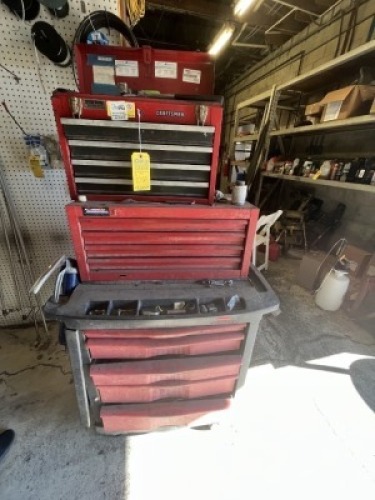 ASSORTED TOOL BOXES WITH TOOLS / PARTS - RUBBERMAID ON WHEELS / ALL AMERICAN / CRAFTSMAN