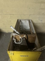 YELLOW ROLLING BIN WITH WIRE, LIGHTS, ETC