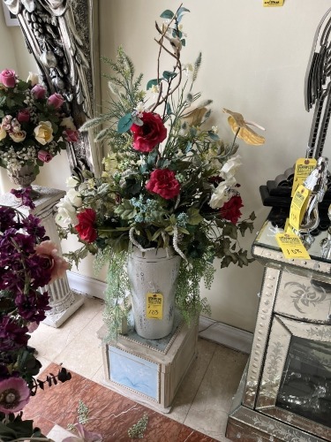 ASSORTED - 1- PEDESTAL WITH ARTIFICIAL FLOWERS / 1- METAL CONTAINER WITH ARTIFICIAL FLOWERS