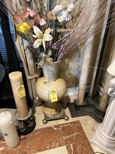 CERAMIC VASE ON PEDESTAL WITH ARTIFICIAL FLOWERS