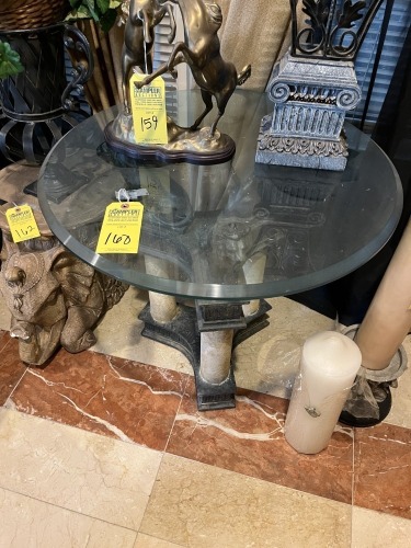 ROUND 3-COLUMN END TABLE WITH LIONS & BEVELED GLASS TOP - 25'' DIAMETER