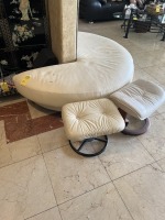 LOT WHITE LEATHER 3/4 MOON SEATING WITH 3 FOOT STOOLS (SOME MARKINGS)
