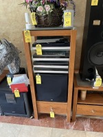 PIECES FURNITURE - 2- END TABLES / 2- SHELVING UNITS / 1- CONSOLE (SOME DAMAGE)