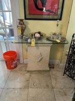 GLASS & STONE-LOOK SIDE TABLE WITH SEASHELL MOTIF - 42''L x 16''D x 30''H