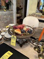 ORNATE GLASS & PLASTER BOWL WITH ARTIFICIAL FRUIT