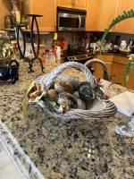 CERAMIC ROSE BOWL WITH 10 ASSORTED STONE EGGS