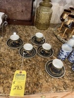 TEA CUPS WITH SAUCERS - DRAGON MOTIF / JAPAN - BLACK / GOLD / RED