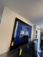 PAINTING - 1980 ART DECO REVIVAL STYLE - REVERSE GLASS MIRROR - BLACK PANTHER WITH CITY SCAPE BACKGROUND - SIGNED LAUREL - 4'x5'
