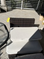WICKER PATIO SET PIECES - 3- SEATING / 3- TABLES / 1- OTTOMAN (SOME DAMAGE)
