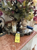 LOT ASSORTED - ORNATE MIRRORED TRAY, VASE WITH ARTIFICIAL FLOWERS, CANDLES, VINTAGE BRUSH & MIRROR, ETC