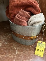 LOT ASSORTED BATHROOM DECOR - TOWEL BUCKET, CANDLES, STATUES, CHERUBS, ETC