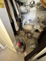 LOT ASSORTED - BEDDING, LIGHT FIXTURE, MEN'S CLOTHING, WOMEN'S CLOTHING, FRAME, ETC (CONTENTS OF CLOSET)
