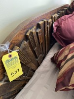 QUEEN SIZE BED WITH CARVED WOOD HEADBOARD & BEDDING
