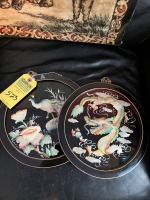 ROUND ORIENTAL RAISED FIGURE PICTURES - 1- BIRD WITH FLOWERS / 1- DRAGON