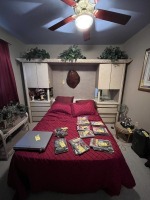 QUEEN SIZE BED WITH STONE-LOOK SIDE STORAGE & OVERHEAD LIGHTS