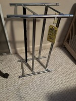 ASSORTED - CHROME RACK, WICKER TABLE, PEDESTAL, FLOOR LAMP, OTTOMAN, VASE IN STAND, ETC