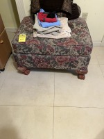 OTTOMAN WITH CARVED WOOD FEET & FLORAL CUSHION