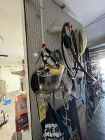 LOT ASSORTED - GOGGLES, 12'' GRINDING WHEELS, HOSES, HAND SAWS, ETC (CONTENTS PEG BOARD)