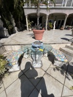 LOT - 1- PEDESTAL BASE TABLE WITH GLASS TOP / 3- CONCRETE & TILE BENCHES