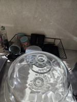 LOT ASSORTED - CAKE STAND, CUPS, PLATES, DISH DRAIN, ETC