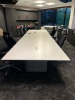 WHITE CONFERENCE TABLE WITH 10 BLACK LEATHER ROLLING CHAIRS - 189''x53''