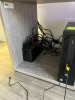 LOT - TRIPLE MONITOR MOUNT / 3- HP 24'' MONITORS / BATTERY BACKUP / KEYBOARD / MOUSE / HEADPHONES - 5