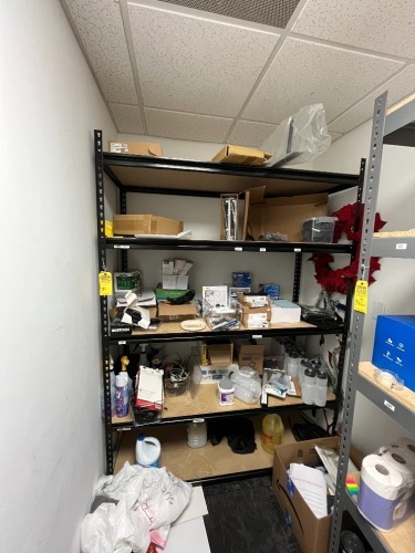 LOT - GARBAGE BAGS, WATER BOTTLES, MASKS, OFFICE SUPPLIES, ETC (CONTENTS OF SHELVING UNIT)