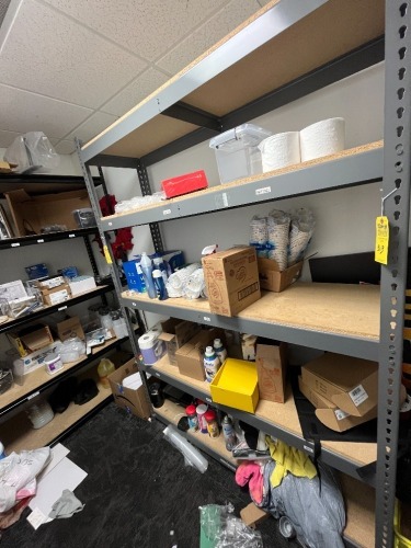 LOT - K-CUP PODS, CLEANER, PAPER CUPS, TOILET PAPER, ETC (CONTENTS OF SHELVING UNIT)