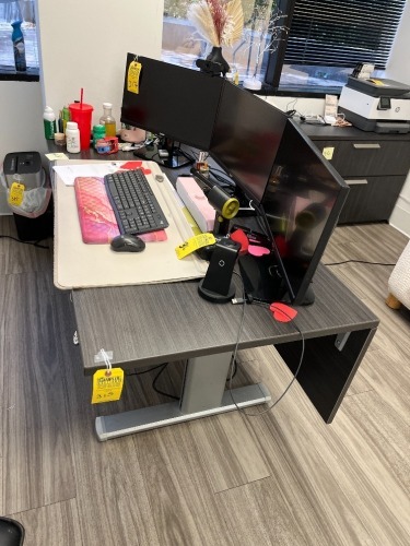 GRAY ADJUSTABLE HEIGHT DESK WITH BLACK LEATHER CHAIR & FILE CABINET CONSOLE WITH KEYS