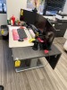 GRAY ADJUSTABLE HEIGHT DESK WITH BLACK LEATHER CHAIR & FILE CABINET CONSOLE WITH KEYS
