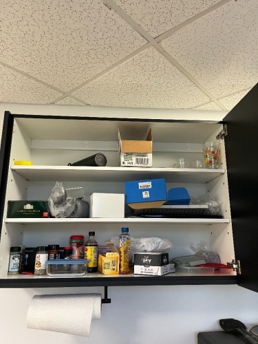 LOT ASSORTED - SPICES, PLASTIC SILVERWARE, UTENSILS, ETC (CONTENTS OF CABINETS)