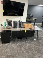 GRAY & BLACK DESK WITH BLACK ROLLING OFFICE CHAIR & CONSOLE
