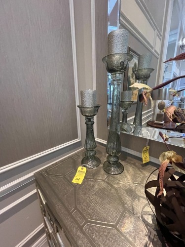 ASSORTED - 1- ARTIFICIAL PLANT IN BOWL / 2- LARGE CANDLE HOLDERS