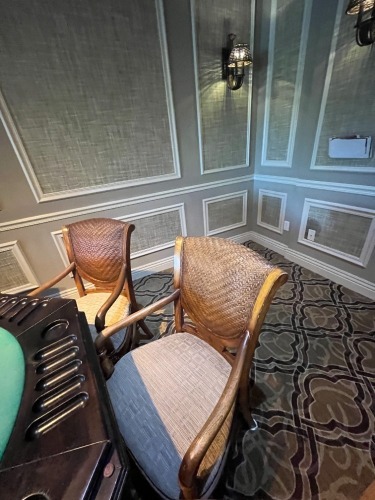 WOOD / WICKER CHAIRS WITH BLUE & TAN FABRIC SEATS
