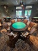 WOOD / WICKER CHAIRS WITH BLUE & TAN FABRIC SEATS - 5