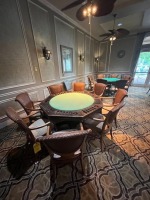 WOOD / WICKER CHAIRS WITH BLUE & TAN FABRIC SEATS