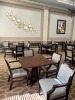 WOOD FRAME ARM CHAIRS WITH BLUE / SILVER FABRIC CUSHIONS - 6
