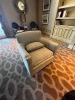 ASSORTED PIECES - 1- ROUND COFFEE TABLE - 42'' DIAMETER / 2- BLUE & BROWN FABRIC CLUB CHAIRS - 2