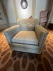 ASSORTED PIECES - 1- ROUND COFFEE TABLE - 42'' DIAMETER / 2- BLUE & BROWN FABRIC CLUB CHAIRS - 5