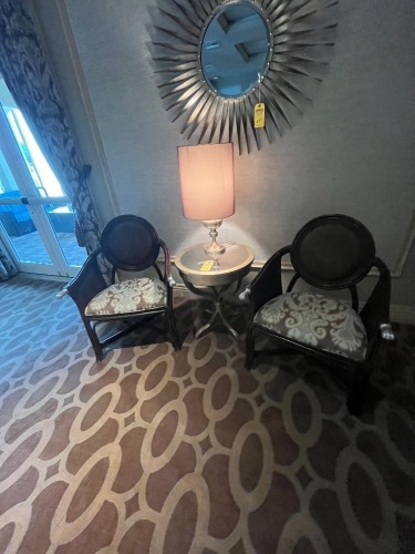ASSORTED - 2- CANE BACK DINING ARM CHAIRS / 1- SILVER LAMP WITH TAUPE SHADE / 1- ROUND SILVER SIDE TABLE - 22'' DIAMETER