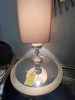 ASSORTED - 2- CANE BACK DINING ARM CHAIRS / 1- SILVER LAMP WITH TAUPE SHADE / 1- ROUND SILVER SIDE TABLE - 22'' DIAMETER - 5