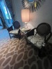 ASSORTED - 2- CANE BACK DINING ARM CHAIRS / 1- SILVER LAMP WITH TAUPE SHADE / 1- ROUND SILVER SIDE TABLE - 22'' DIAMETER - 6