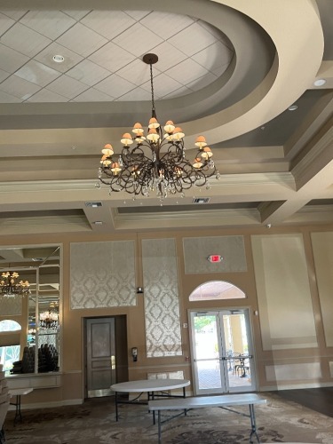 LARGE METAL / GLASS / PRISM CHANDELIER - APPROXIMATELY 5' ACROSS ***TO BE REMOVED BY MAINTENANCE DEPARTMENT***