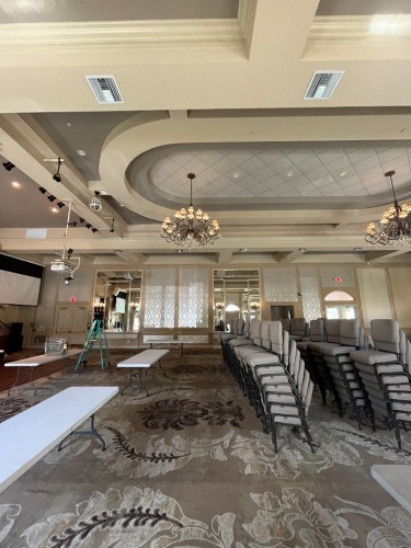 LARGE METAL / GLASS / PRISM CHANDELIER - APPROXIMATELY 5' ACROSS ***TO BE REMOVED BY MAINTENANCE DEPARTMENT***