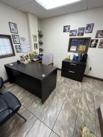 LOT - L-SHAPE DESK WITH 2 DRAWER LATERAL FILE CABINET & ROLLING OFFICE CHAIR