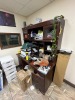 LOT - L-SHAPE DESK, HUTCH, BOOKSHELF (DAMAGED), CABINET & ROLLING OFFICE CHAIR - 2