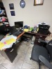 LOT - L-SHAPE DESK, HUTCH, BOOKSHELF (DAMAGED), CABINET & ROLLING OFFICE CHAIR - 4